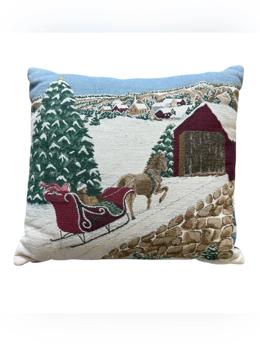 Vintage Christmas Tapestry Pillow Horse Sleigh Covered Bridge Winter Farm 15x15